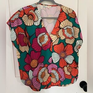 JODIFL Floral V-Neck Blouse - Pink, Orange, Green